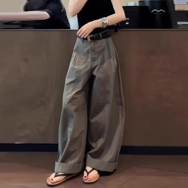 美式复古灰色阔腿裤女夏季2025新款立体裁剪薄款宽松弯刀休闲裤子