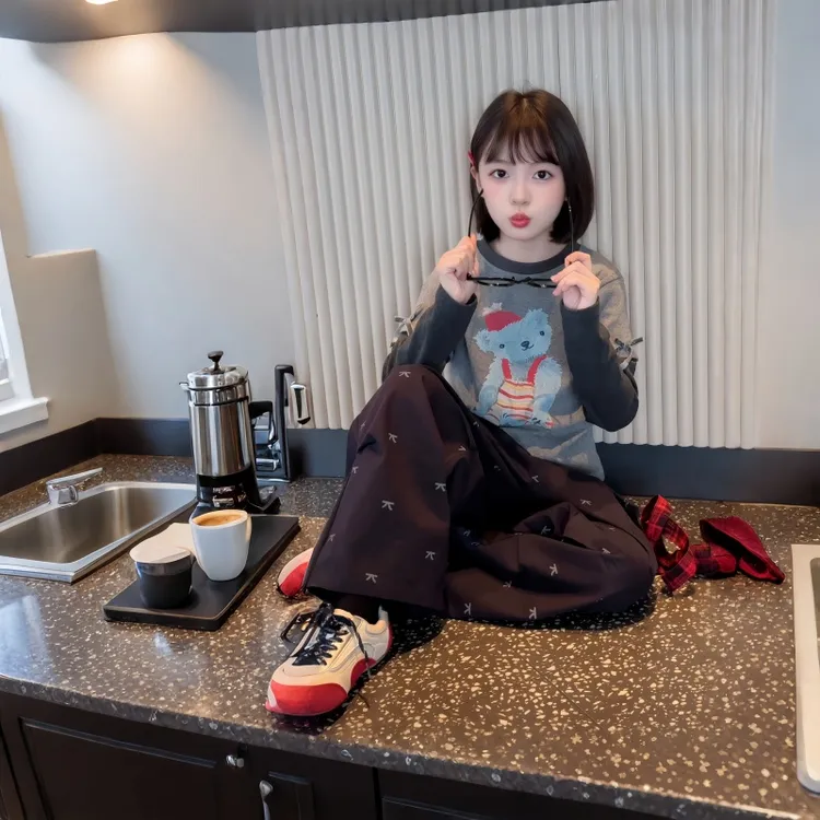 女童秋季套装2025新款韩版假两件上衣儿童中大童春秋工装裤两件套