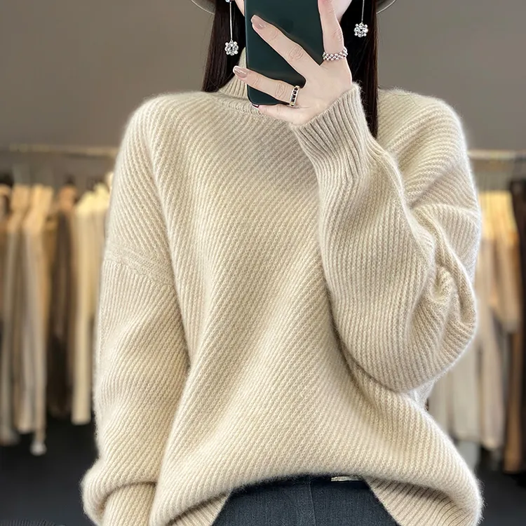 哥弟阿玛施正品新款加厚高领抽条100%羊毛衫女士慵懒风内搭打底衫