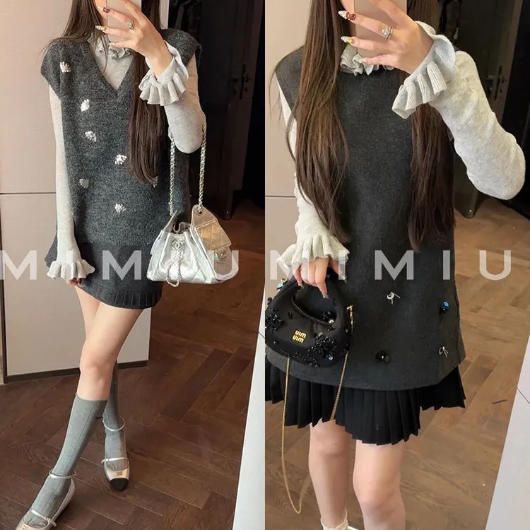 【mimius】U 重工亮片V领马甲+荷叶边打底衫+背心裙 汉服 WG12074