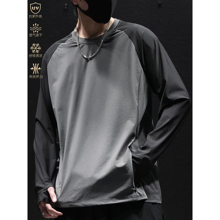 2025冰丝衣男士夏季防晒长袖T恤衫大码宽松运动休闲插肩袖打底衫