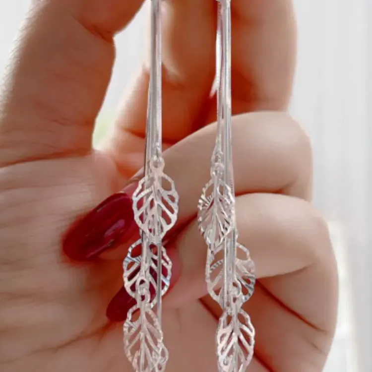 足银耳饰 足银990银精工一叶生财叶子流苏耳环0330