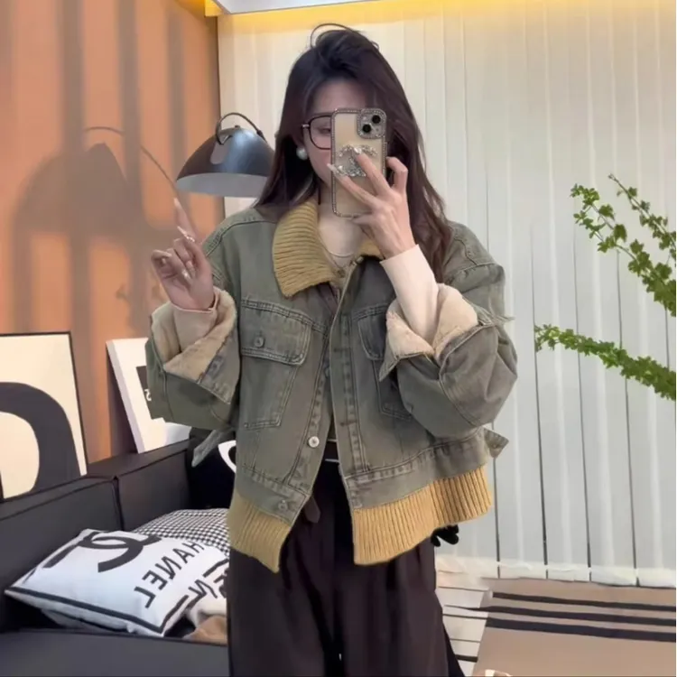 2025秋冬新款小众休闲风上衣潮美式复古慵懒风撞色翻领牛仔外套女