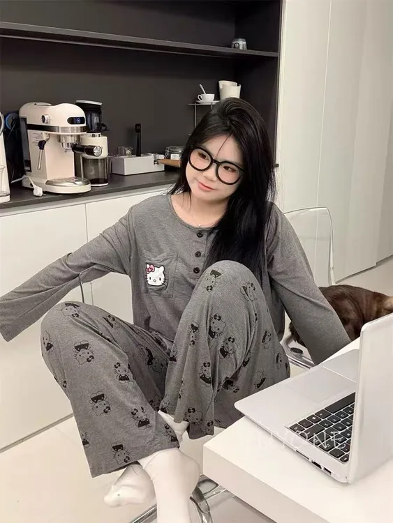 圆领套头款加肥加大码家居服睡衣秋季莫代尔长袖长裤套装260斤穿