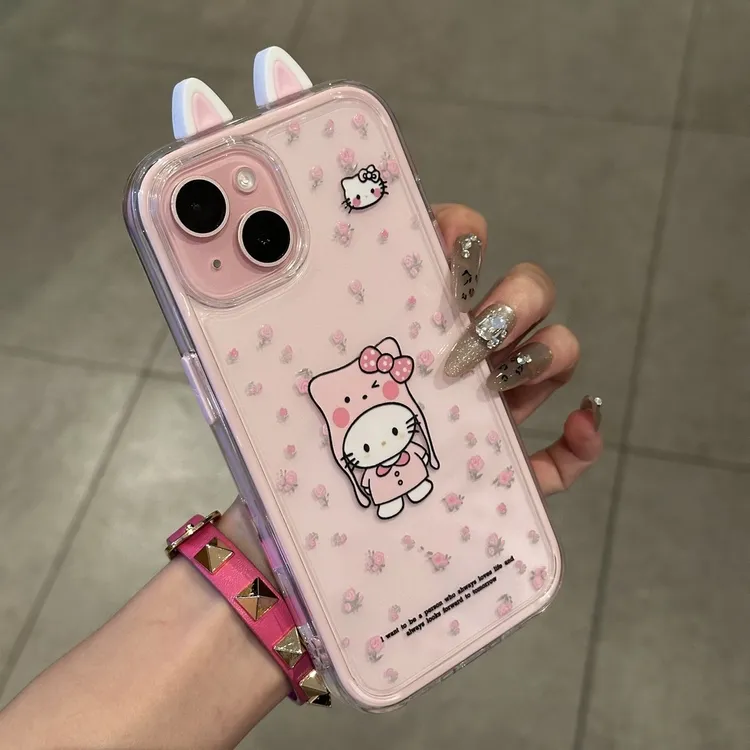 适用粉色碎花KT立体猫耳苹果16promax手机壳华为oppovivo小米可爱