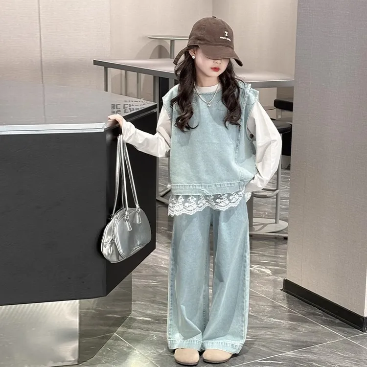 女童牛仔马甲三件套春秋2025新款儿童秋装洋气时髦大童阔腿裤套装