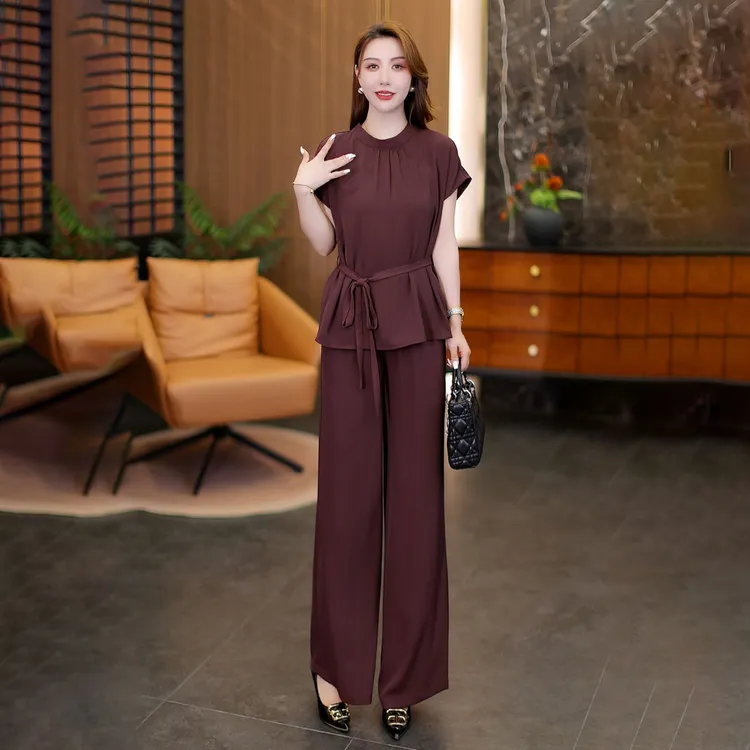 拉夏贝尔夏季2025新款时尚套装百搭显瘦短袖上衣宽松阔腿裤两件套