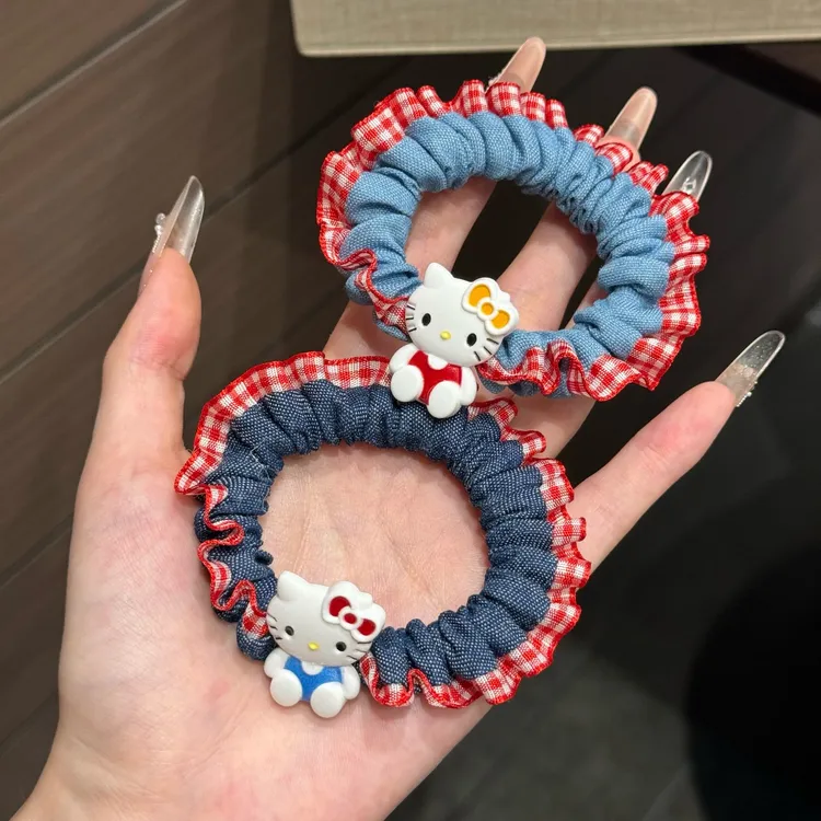 甜美kt猫牛仔发圈韩系软萌可爱凯蒂猫头绳高弹力扎高马尾发绳发饰