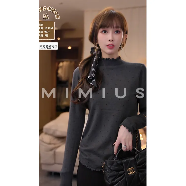 【mimius】P 超柔木耳边半高领波点长袖打底上衣 WG11008