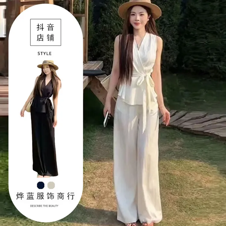 夏季新款法式简约气质休闲V领无袖绑带上衣高腰阔腿裤长裤套装