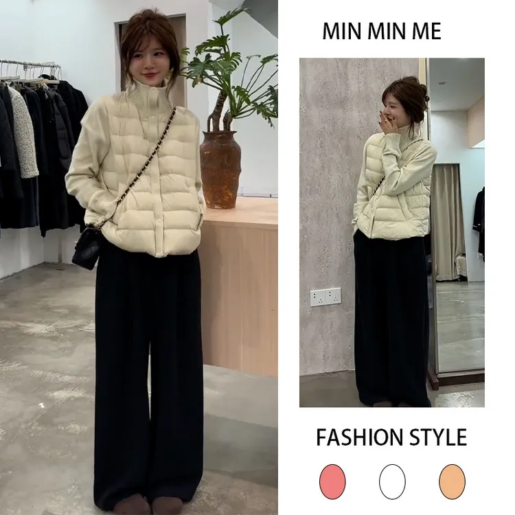 2025秋冬季新款设计感立领拼接棉服女搭配加绒休闲阔腿裤两件套