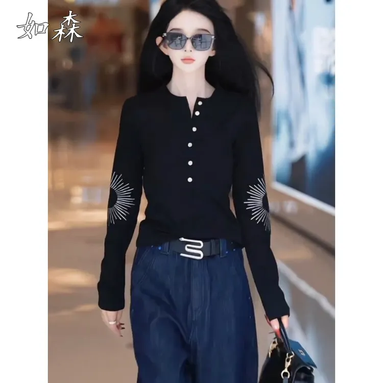长袖烫钻半开领T恤女早秋季新款韩系时尚百搭修身打底衫内搭上衣