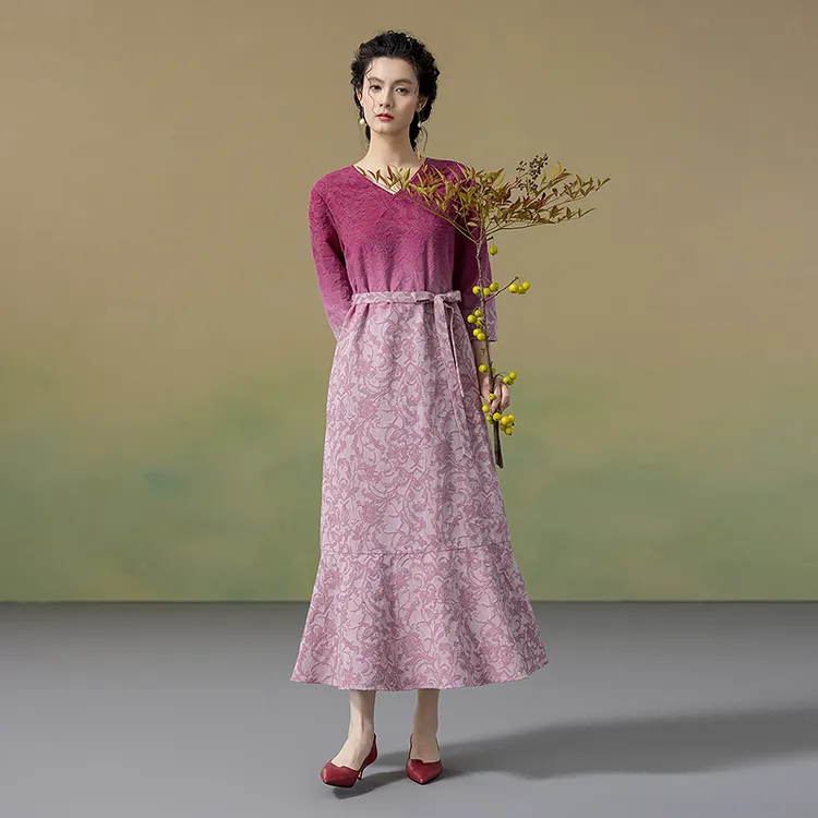 生活在左2025秋季新品棉混纺提花渐变花边连衣裙女1953368