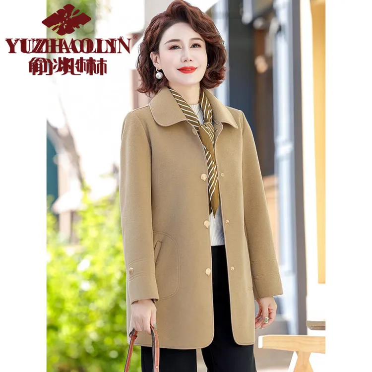 俞兆林妈妈外套春秋气质毛呢中年女装新款双面呢中老年人秋装中长
