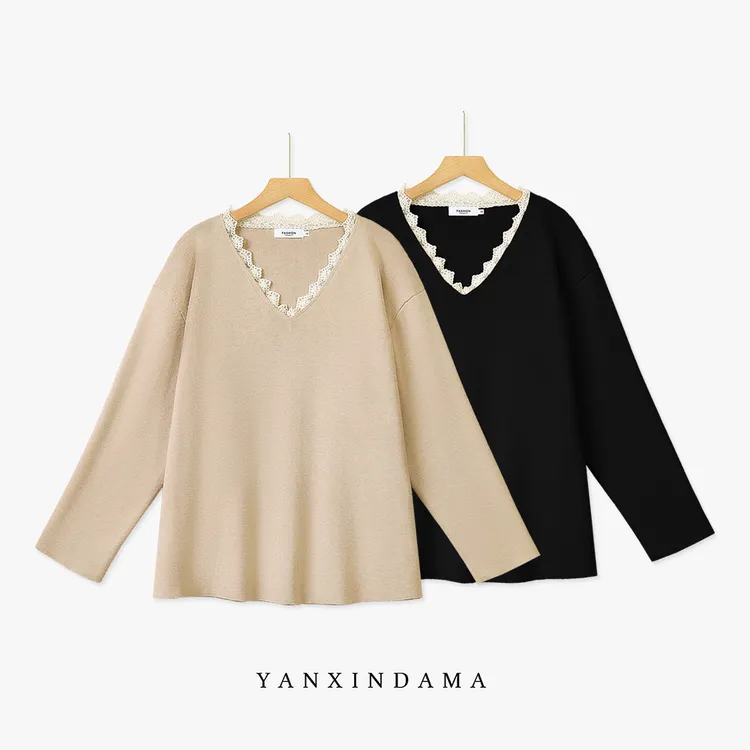 【岩心】大码女装300斤胖MM时尚蕾丝花边拼接纯色简约毛针织衫8101