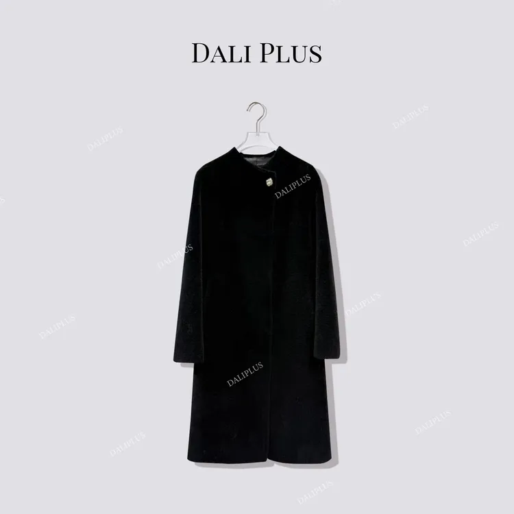 DALI PLUS“100羊毛”一粒扣黑大衣颗粒毛长款外套-D5SC0029