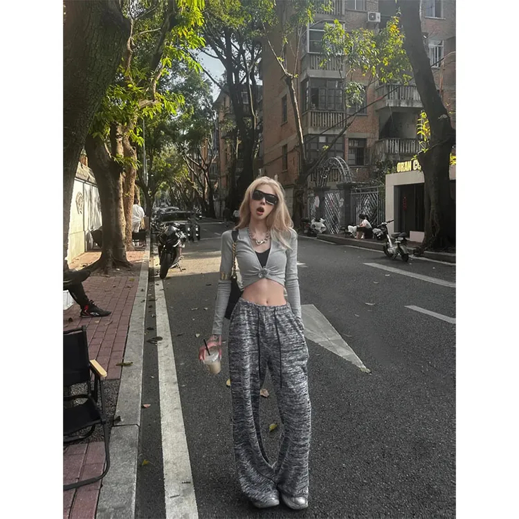 美式辣妹风纯欲休闲百搭短款长袖上衣高腰显瘦垂感宽松阔腿裤长裤