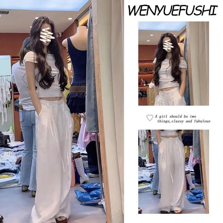 夏季搭配一整套女2025新款松弛感露肩短袖T恤显瘦阔腿休闲裤套装