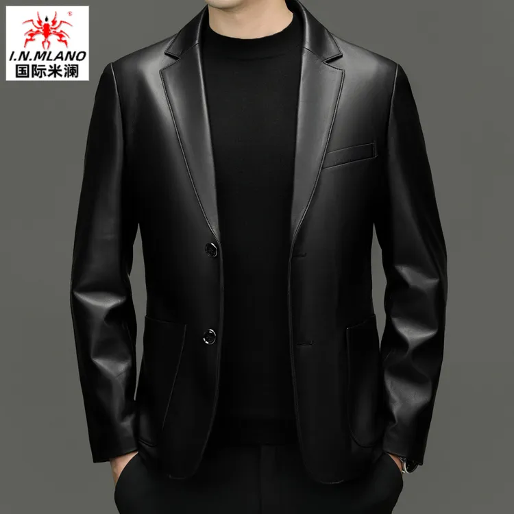 【绵羊皮西服】高档真皮西装新款潮流时尚中年男士皮衣修身外套男款