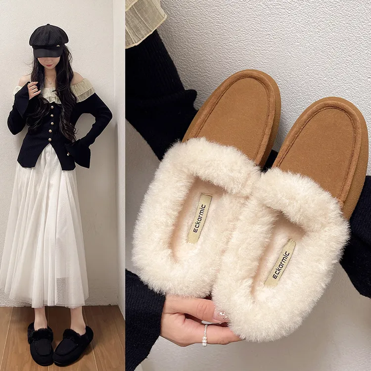 高版2025冬季羊皮毛一体低帮平底一脚加绒百搭保暖