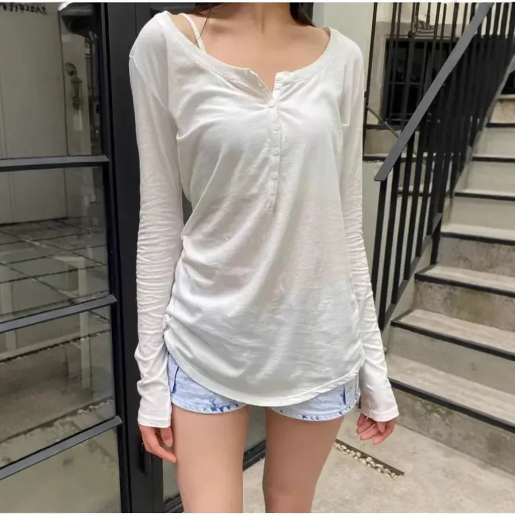 BM风 美式圆领六粒扣亨利长袖T恤女bm修身显瘦打底上衣潮