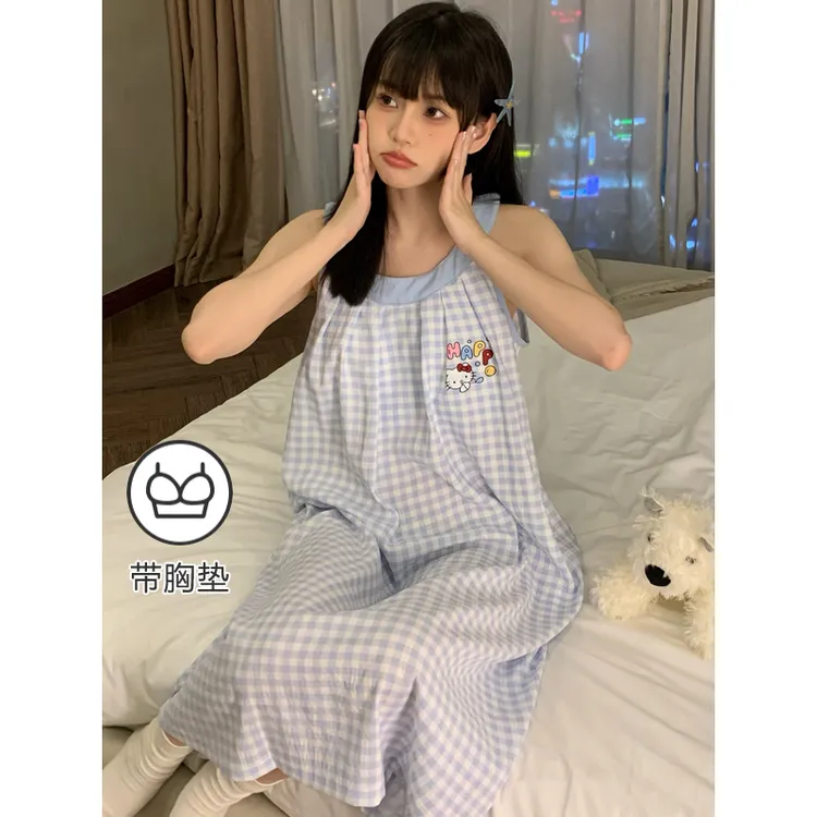 【KT猫】挂脖吊带睡裙女夏云朵棉2025新款爆款带胸垫一体可外穿睡衣