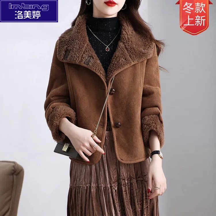 人造皮草 海宁颗粒绒皮草外套女麂皮绒一体保暖时尚羊羔毛大衣冬