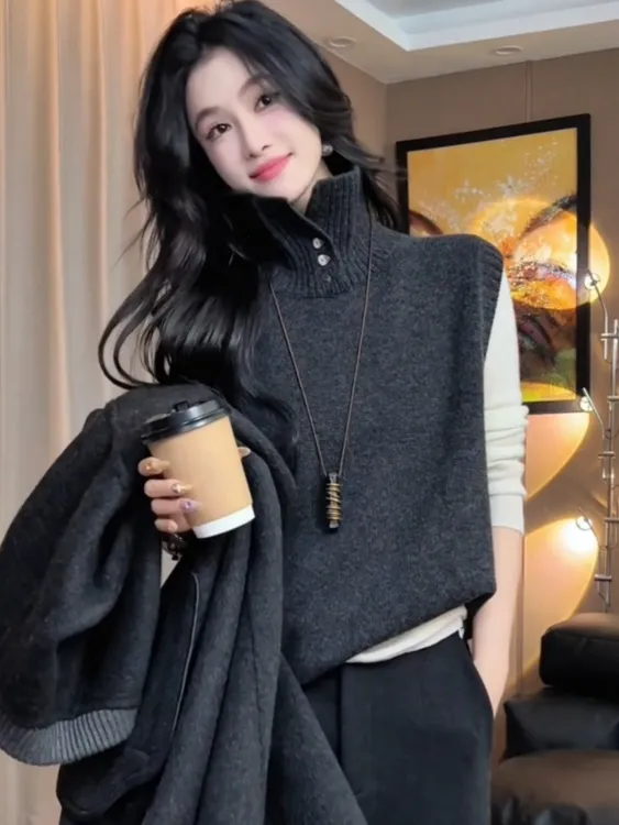 女式纯欲风针织背心法式外穿半开高领针织衫马甲早秋叠穿保暖内搭