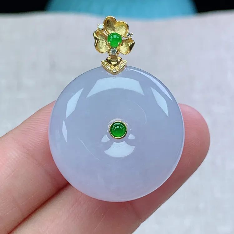 x缅甸天然翡翠A货35.6-26.2-11.8玉石冰种紫罗兰平安扣吊坠礼物