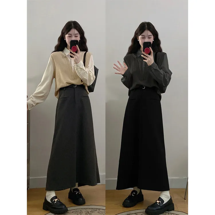 大码韩系慵懒风假两件针织拼接上衣+送皮带高腰a字半身裙女秋套装