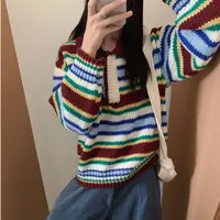 T2748 翻领彩色条纹针织polo领毛衣