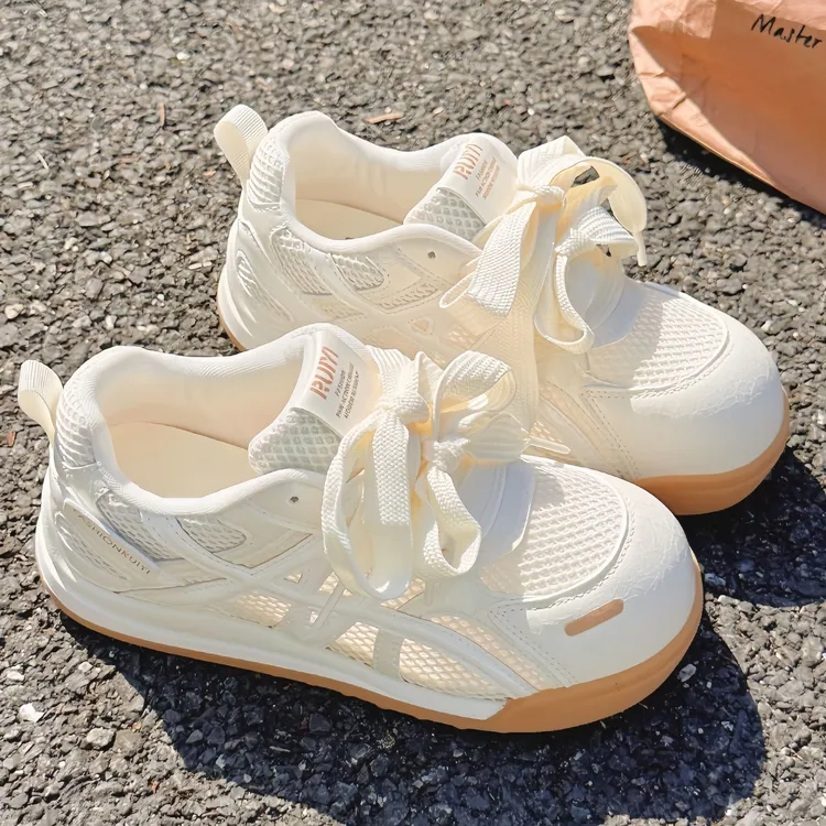 夏季网面德训鞋女透气网面小白鞋2025新款小众厚底配裙子休闲板鞋