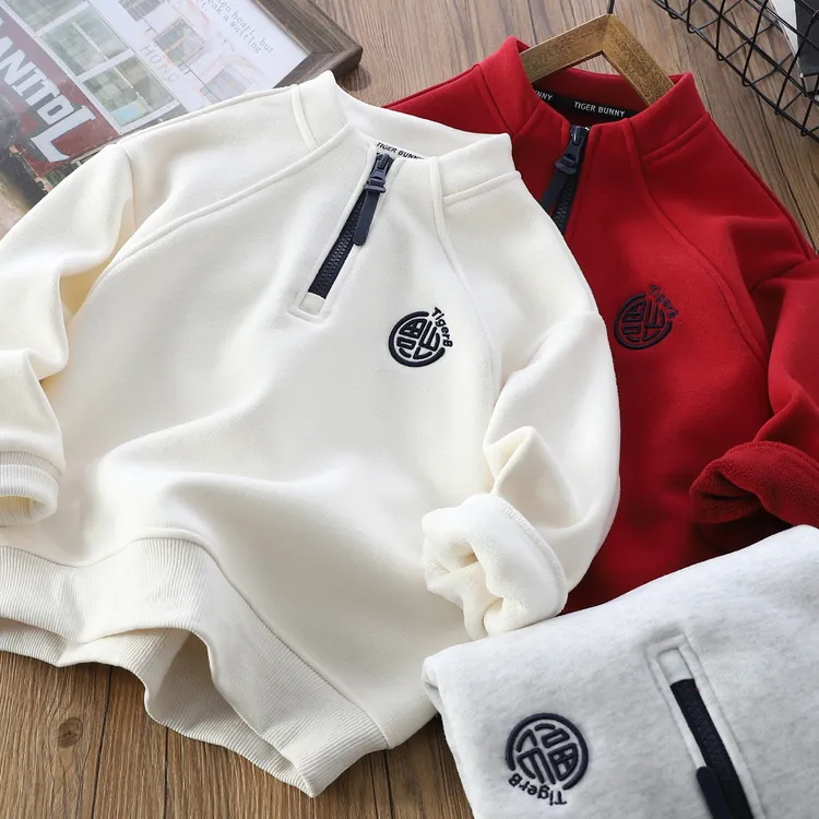 男童儿童加绒卫衣2025冬季新款半拉链保暖上衣中大童休闲打底衫潮