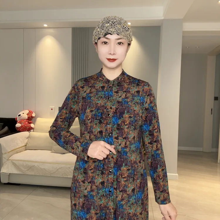妈妈款优雅百搭显瘦遮肉四季女士印花衬衫开襟礼拜服衬衣