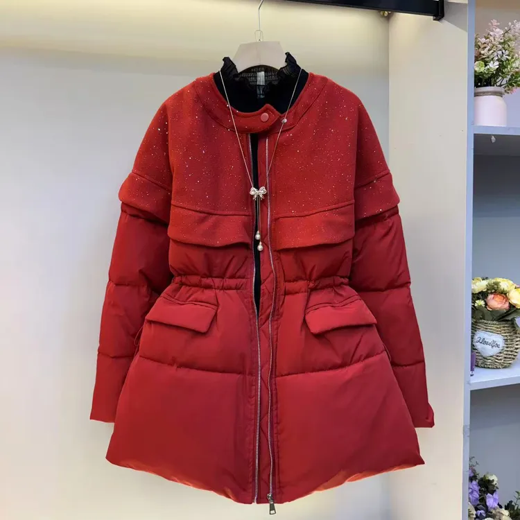 冬季新款加厚中长款收腰荷叶边拼接设计感棉服外套