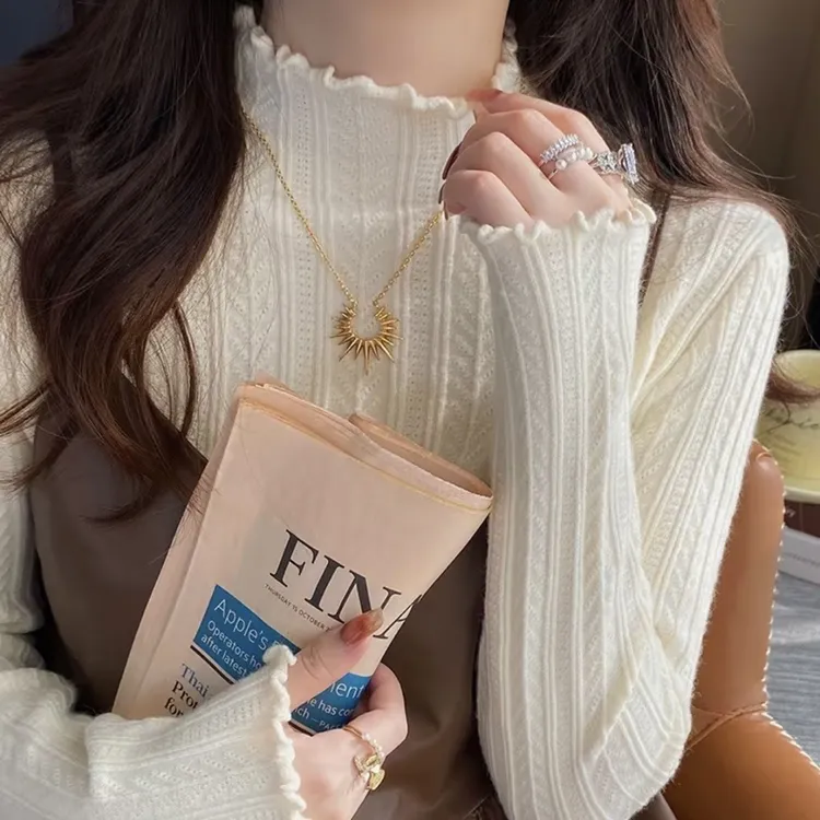 秋冬季设计纹理感打底衫半高领木耳边百搭修身针织衫#3052