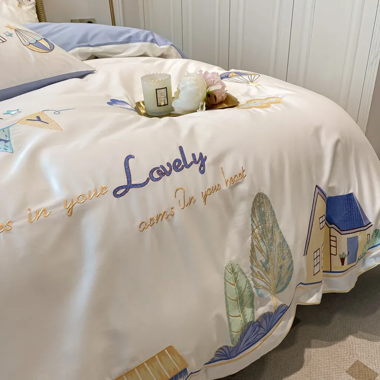 童话镇100支长绒棉纯棉四件套刺绣被套可爱床单轻奢全棉床上用品