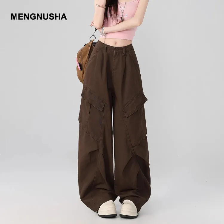 2025年新款美式复古多口袋褶皱设计感工装裤女高腰宽松休闲阔腿裤