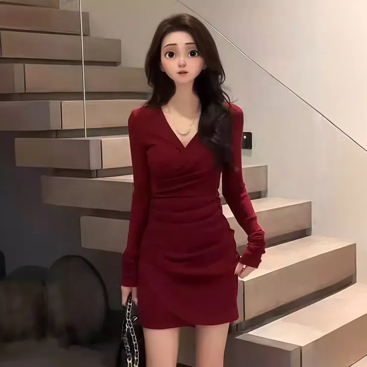 秋冬新款纯欲高级感交叉V领长袖时尚打底连衣裙女修身褶皱包臀裙