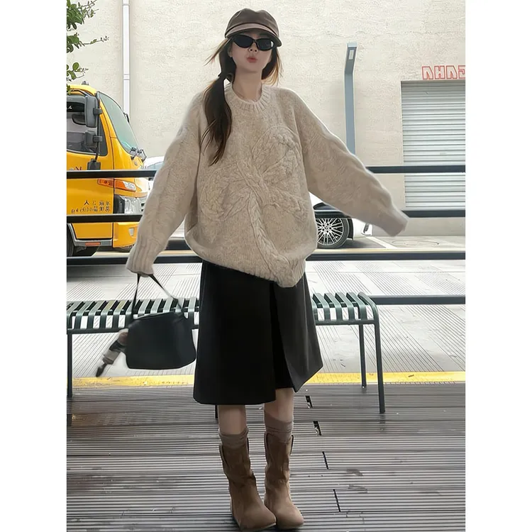 复古蝴蝶结软糯套头毛衣冬宽松慵懒风设计针织上衣修身显瘦半身裙