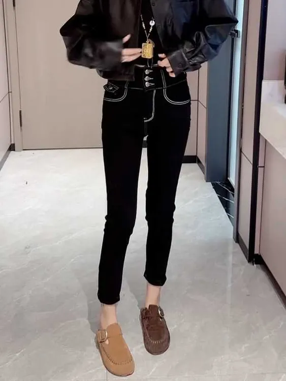 2025秋季新款修身九分铅笔裤子大码女装复古明线设计小脚牛仔裤女