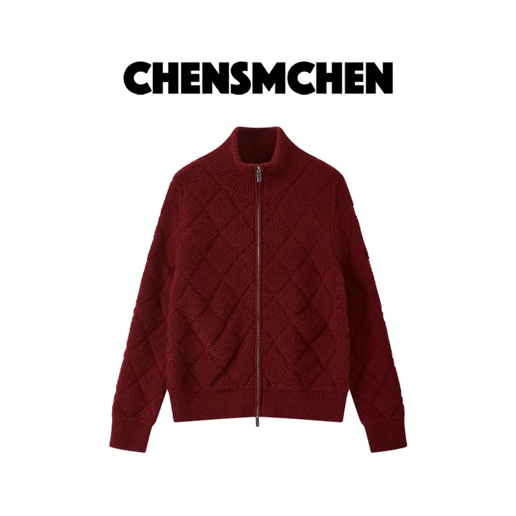 CHENSMCHEN 绵羊毛双开拉链菱格圈圈纱外套女百搭上衣CSM9791LC