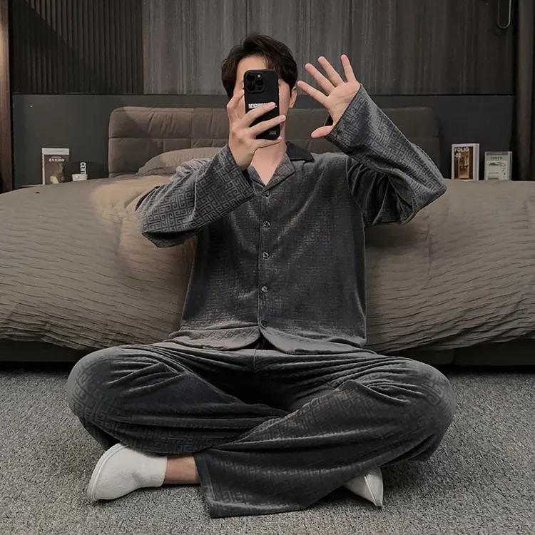 冬天男士睡衣秋冬季加厚加绒长袖保暖高档海岛绒家居服珊瑚绒套装