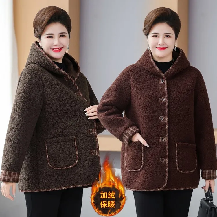 冬季新款加肥加大宽松加绒的双面绒妈妈颗粒绒外套能穿到240斤