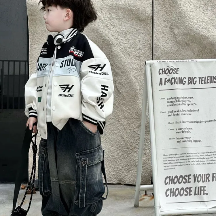 男童秋季新品拼色棒球服牛仔裤套装2025新款男女宝宝韩版宽松套装