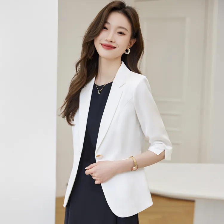 白色小西装外套女夏季薄款2025新款高级感中袖西服连衣裙职业套装