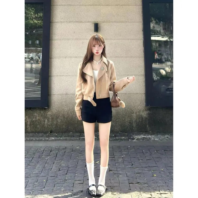 巧妹【原版做法鹿皮绒面料】美式美拉麂皮外套女小个子短款机车夹