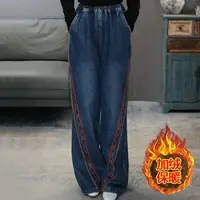 CK1201蓝加绒直筒卫裤复古侧边条加厚高腰牛仔裤松紧腰显瘦直筒裤