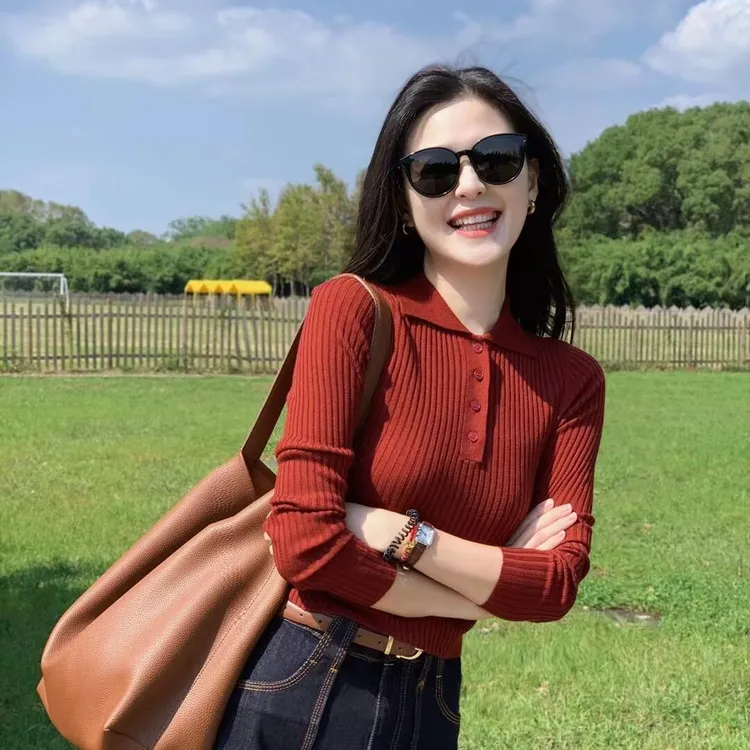 过年红色外穿polo领毛衣时尚洋气针织衫女装秋冬季内搭打底衫上衣