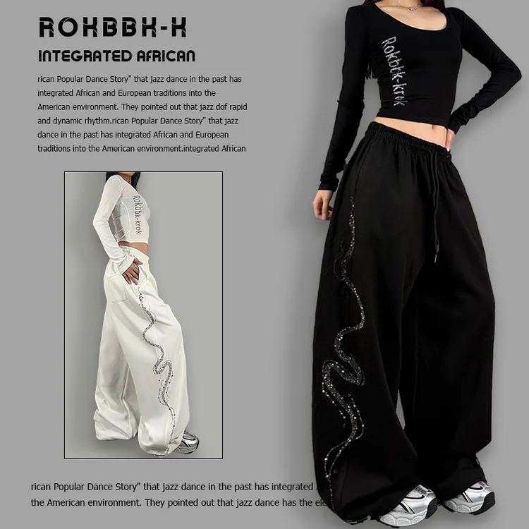 ROKBBK－K/布韩美式嘻哈风黑色阔腿裤女宽松反光条纹街头休闲裤